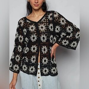 New POL Black White Floral Crochet Women Top Hippie Boho